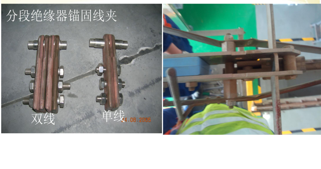 Anchoring clamps of a section insulator connected to the contact wire