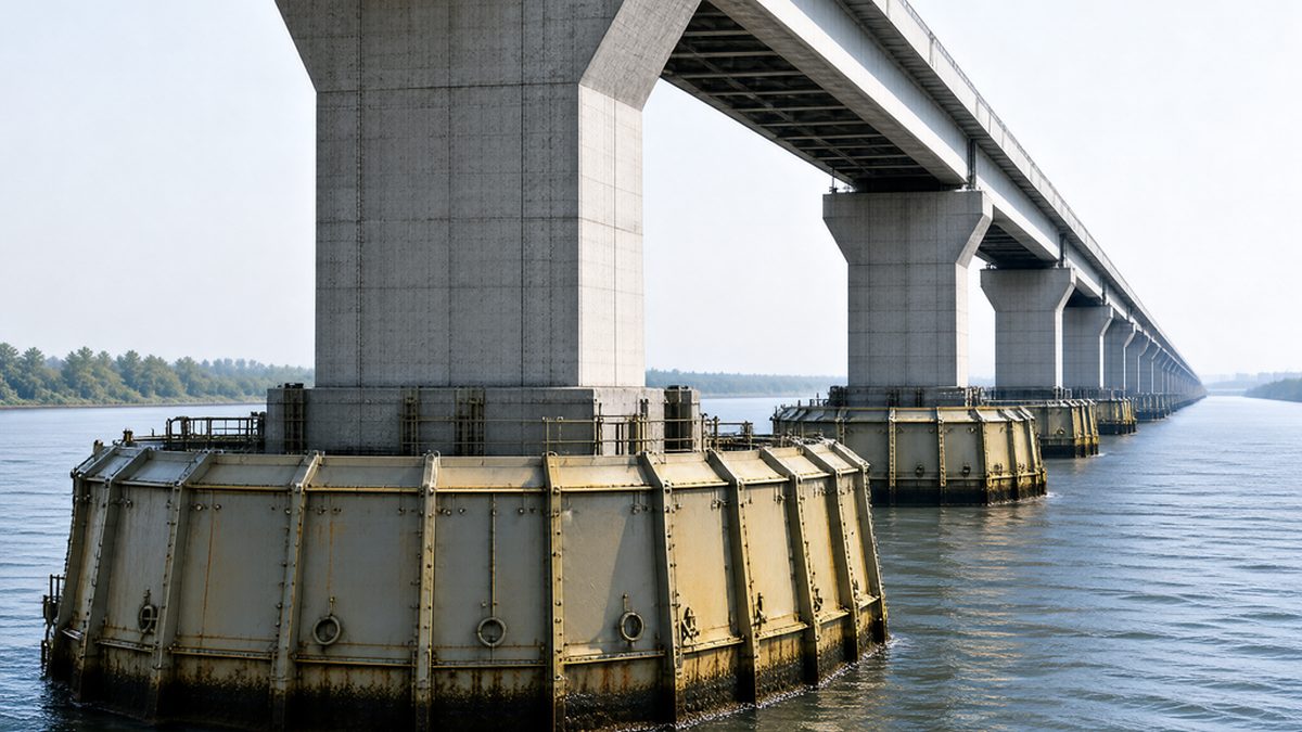 Anti-vessel-collision device on a railway bridge