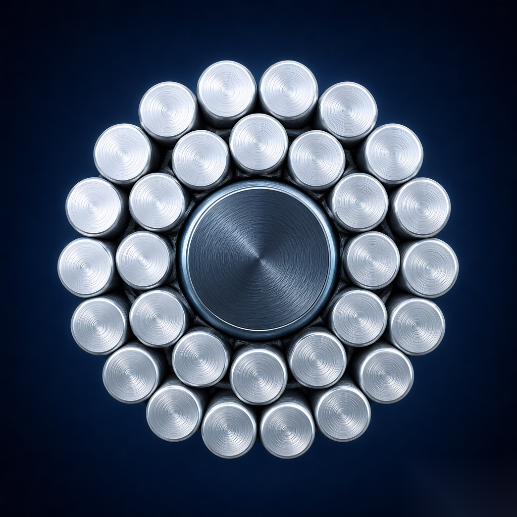 Cross-section of an aluminium-clad steel core aluminium stranded conductor (AI generated)